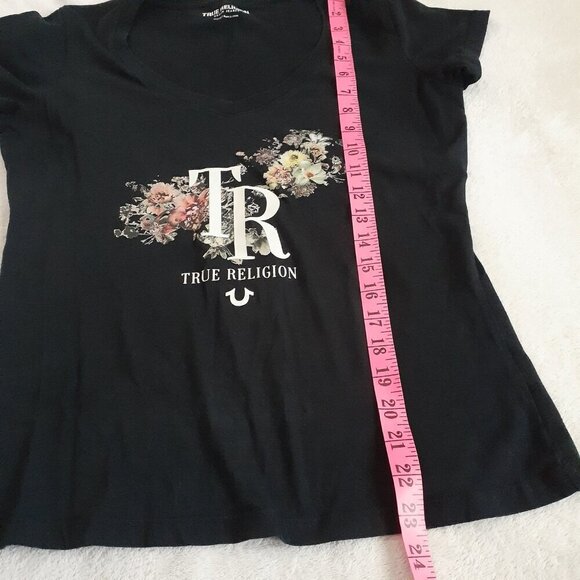 True Religion Women's Size Medium Black Bouquet Short Sleeve V Neck T-Shirt - Picture 6 of 7